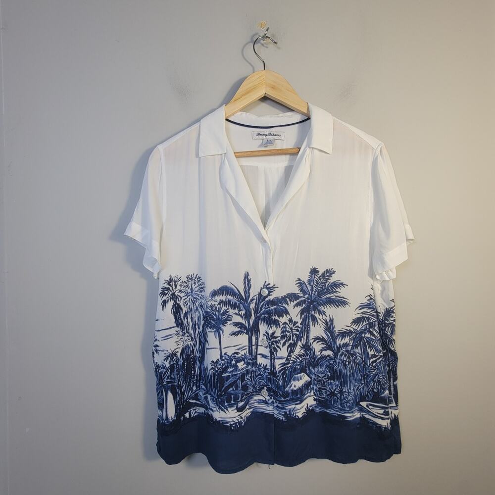 Tommy Bahama Womens S Short Sleeve Talulla Camp Shirt Lenzing White Blue
